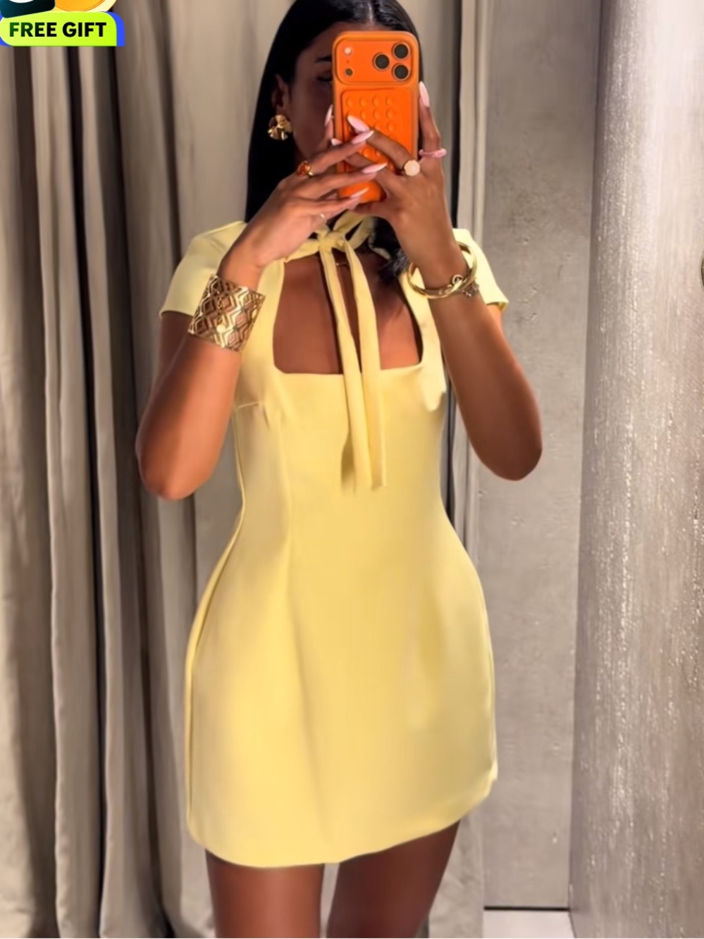 Zara Pale Yellow Tie-Neck Mini Dress